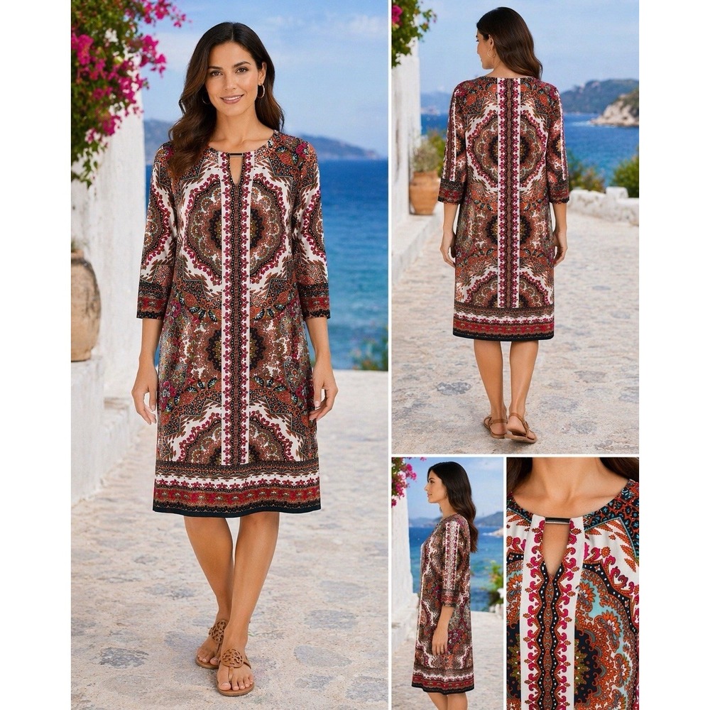 Haani Dress Womens L Multi Paisley Polyester Tunic keyhole Neck Bohemian Stretch